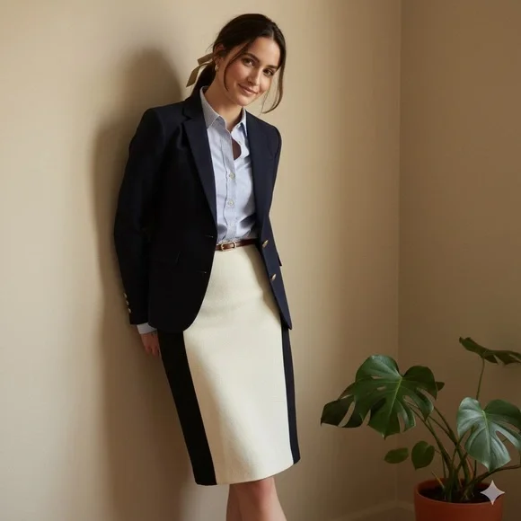 J. Crew Colorblock Wool Pencil Skirt Cream Black Size 4 Office Career - Picture 1 of 9